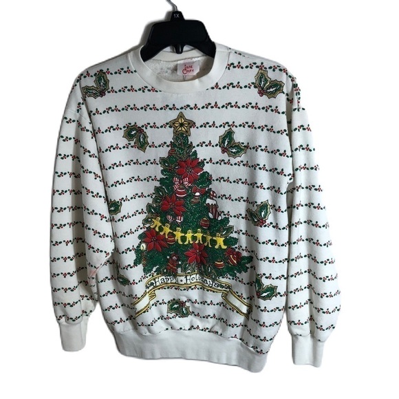 Vintage Christmas Tree Ringer Neck Sweatshirt Large 90s Jane Colby White Green - Picture 1 of 9